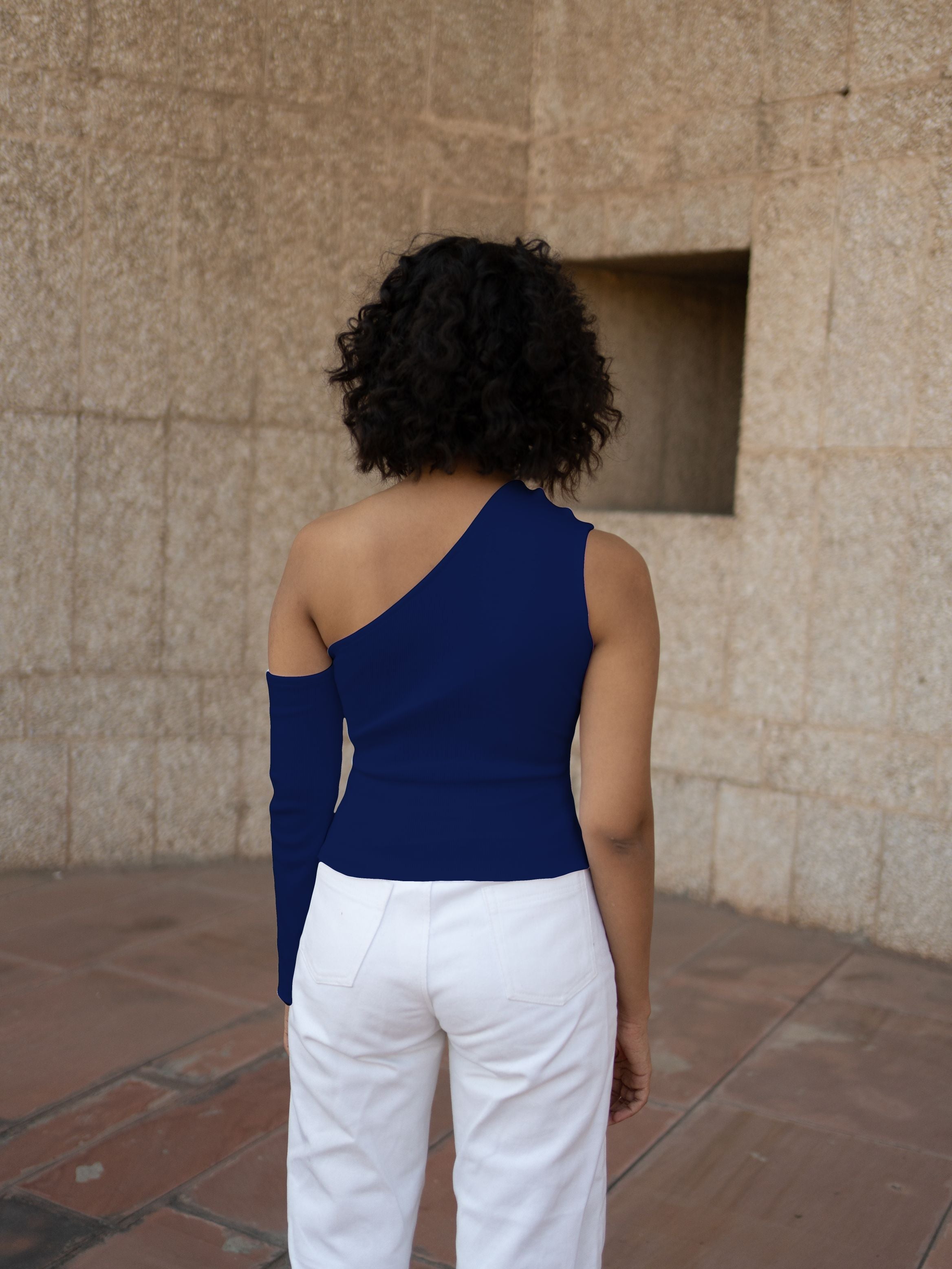 Blue Sleeveless Top by Meko Studio with Blue, Cotton, Evening Wear, July Sale, July Sale 2023, Lycra, One Shoulder Tops, Sleeveless Tops, Slim Fit, Solid Selfmade, Solids, Sourced from dead stock yarns, Tops, Tranquil AW-22/23, Tranquil by Meko Studio, Womenswear at Kamakhyaa for sustainable fashion