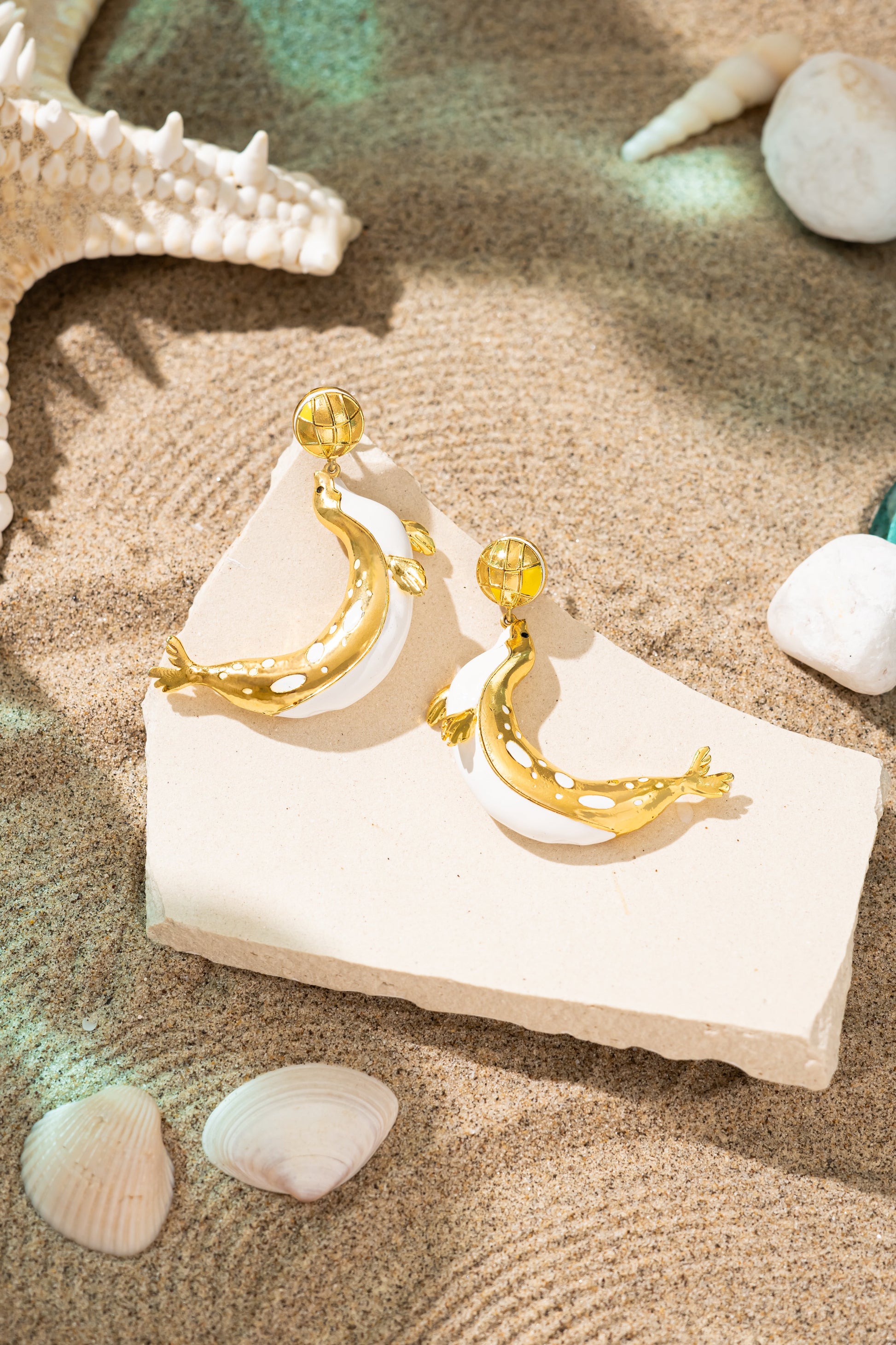 Seals Earrings by Amalgam By Aishwarya with All Occasions, Brass, Earrings, Fashion Jewellery, Gold, Gold Plated, Handcrafted Jewellery, jewelry, Natural, Sea Of Hope at Kamakhyaa for sustainable fashion