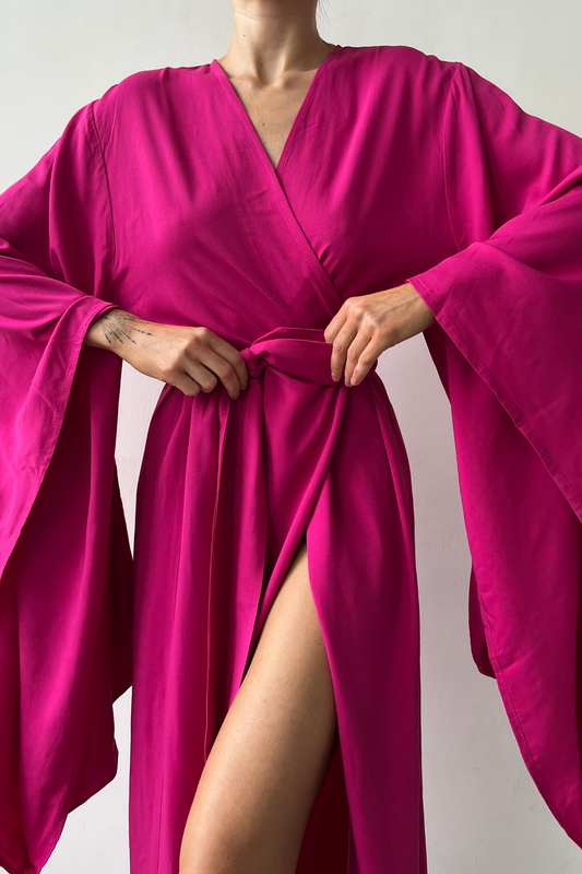 Breeze Fuchsia Kimono Robe by Angie's Showroom with Angies Showroom, For Bachelorette, lingerie, long robe, Natural, New arrival, Regular Fit, robe, sleep wear, Solids, Viscose, Womenswear at Kamakhyaa for sustainable fashion