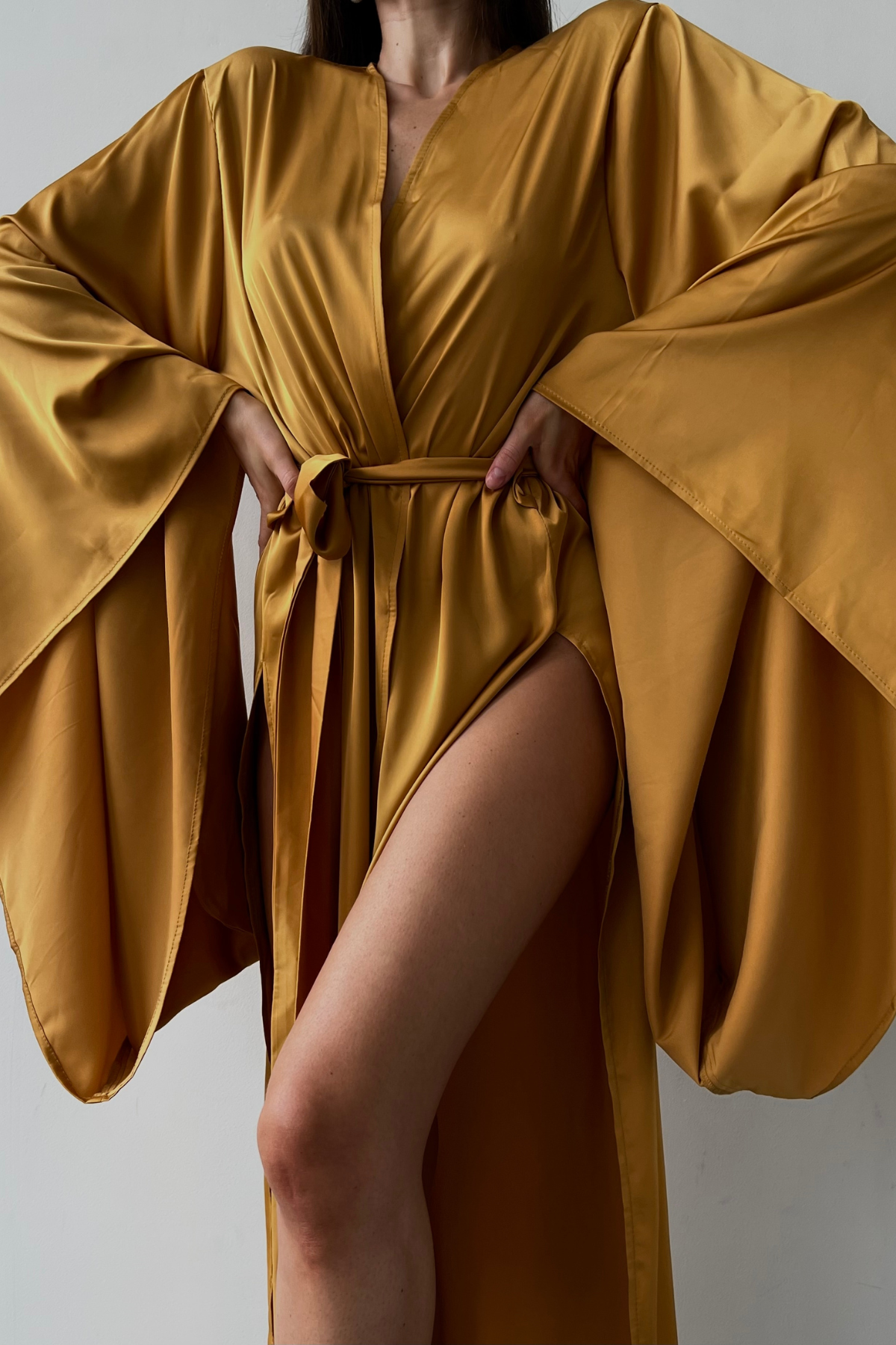 Elissa Split Side Golden Kimono Robe by Angie's Showroom with Womenswear at Kamakhyaa for sustainable fashion