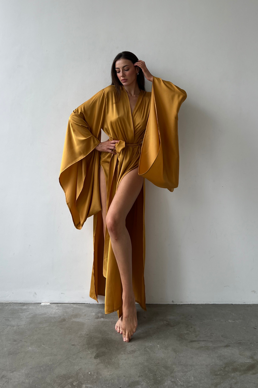 Elissa Split Side Golden Kimono Robe by Angie's Showroom with Womenswear at Kamakhyaa for sustainable fashion