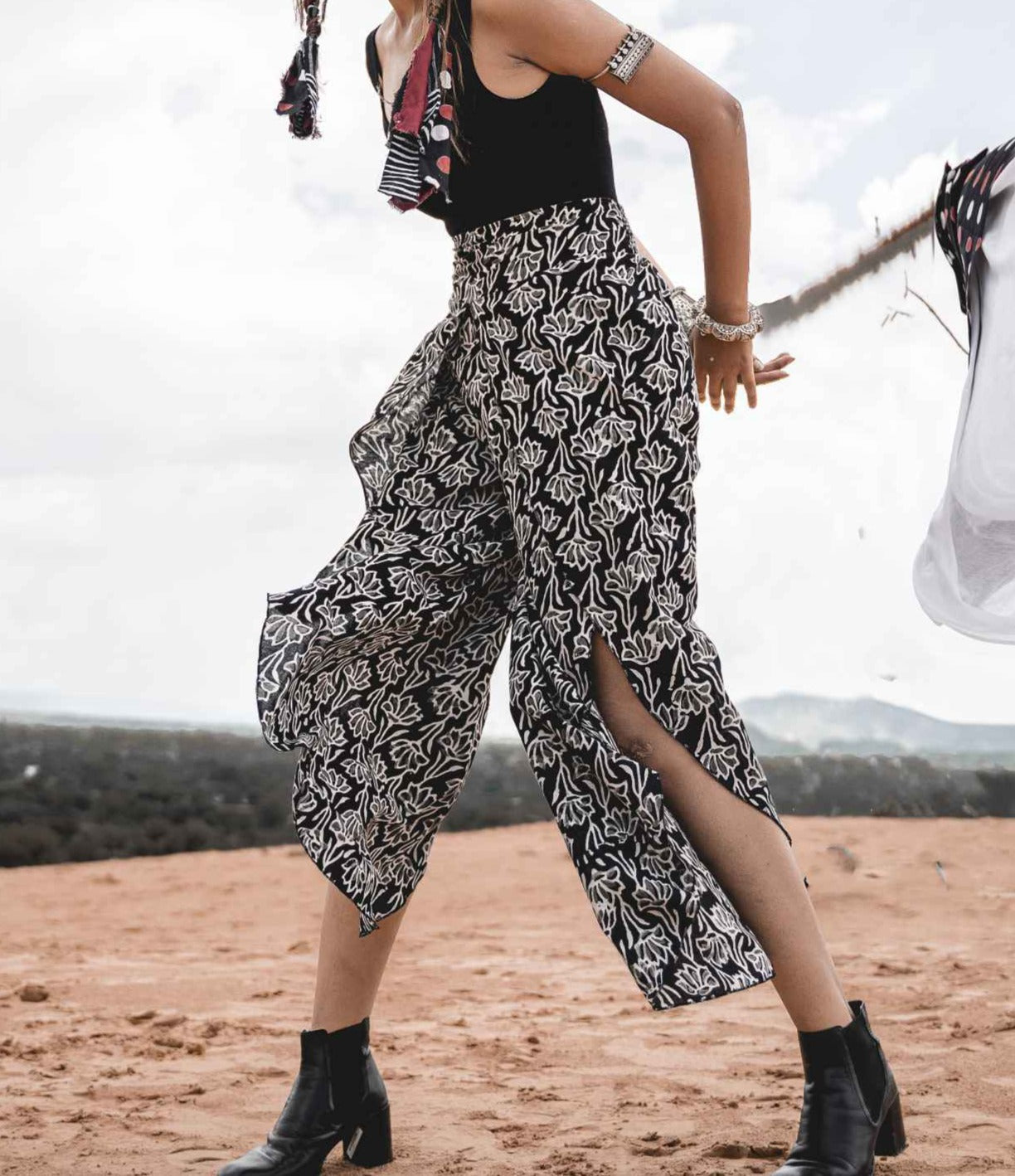 Cotton Block Print Front Slit Pants by Keva with Black, Block Prints, Cotton, Natural, Pants, Relaxed Fit, Resort Wear, Wild Child, Womenswear at Kamakhyaa for sustainable fashion