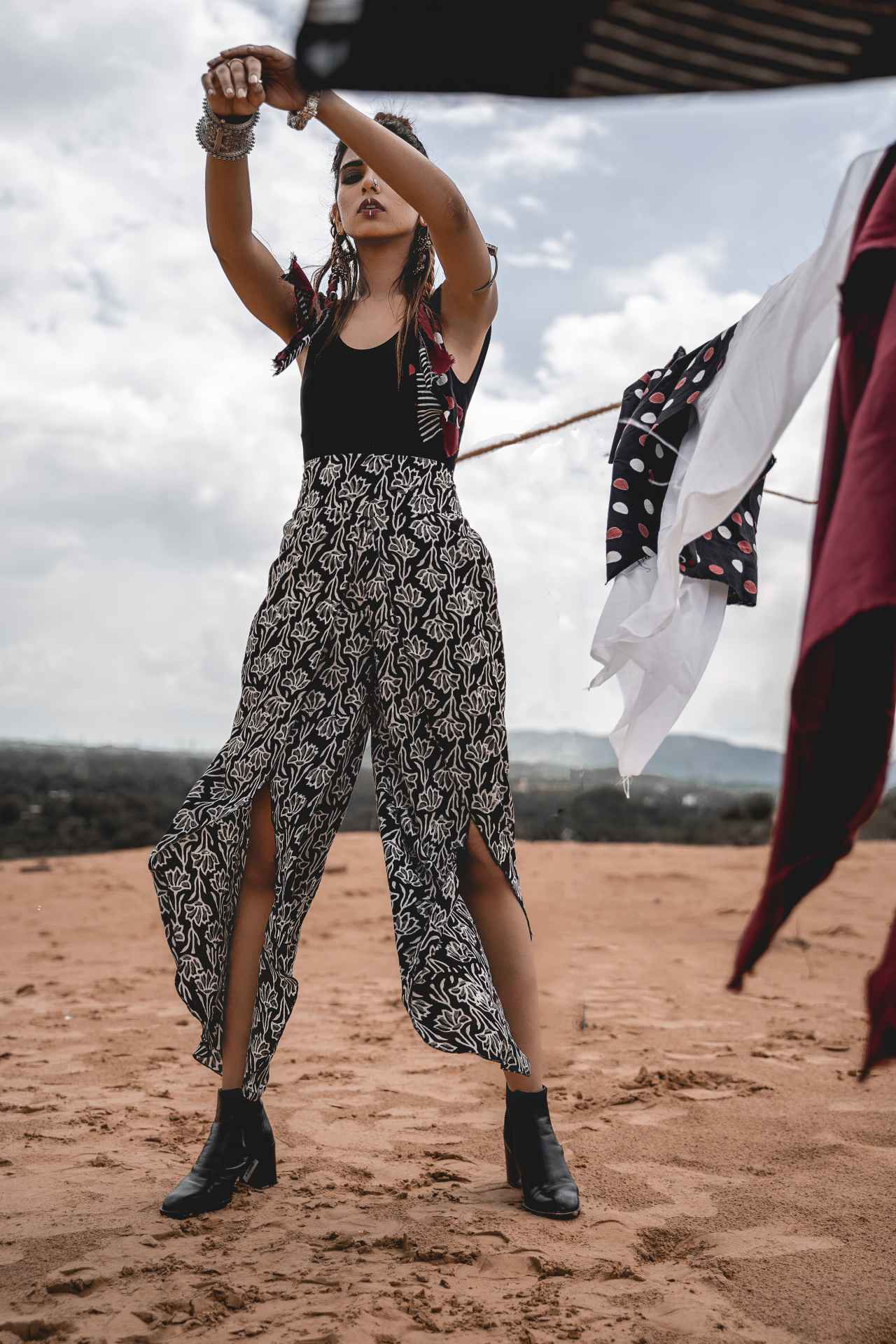 Cotton Block Print Front Slit Pants by Keva with Black, Block Prints, Cotton, Natural, Pants, Relaxed Fit, Resort Wear, Wild Child, Womenswear at Kamakhyaa for sustainable fashion