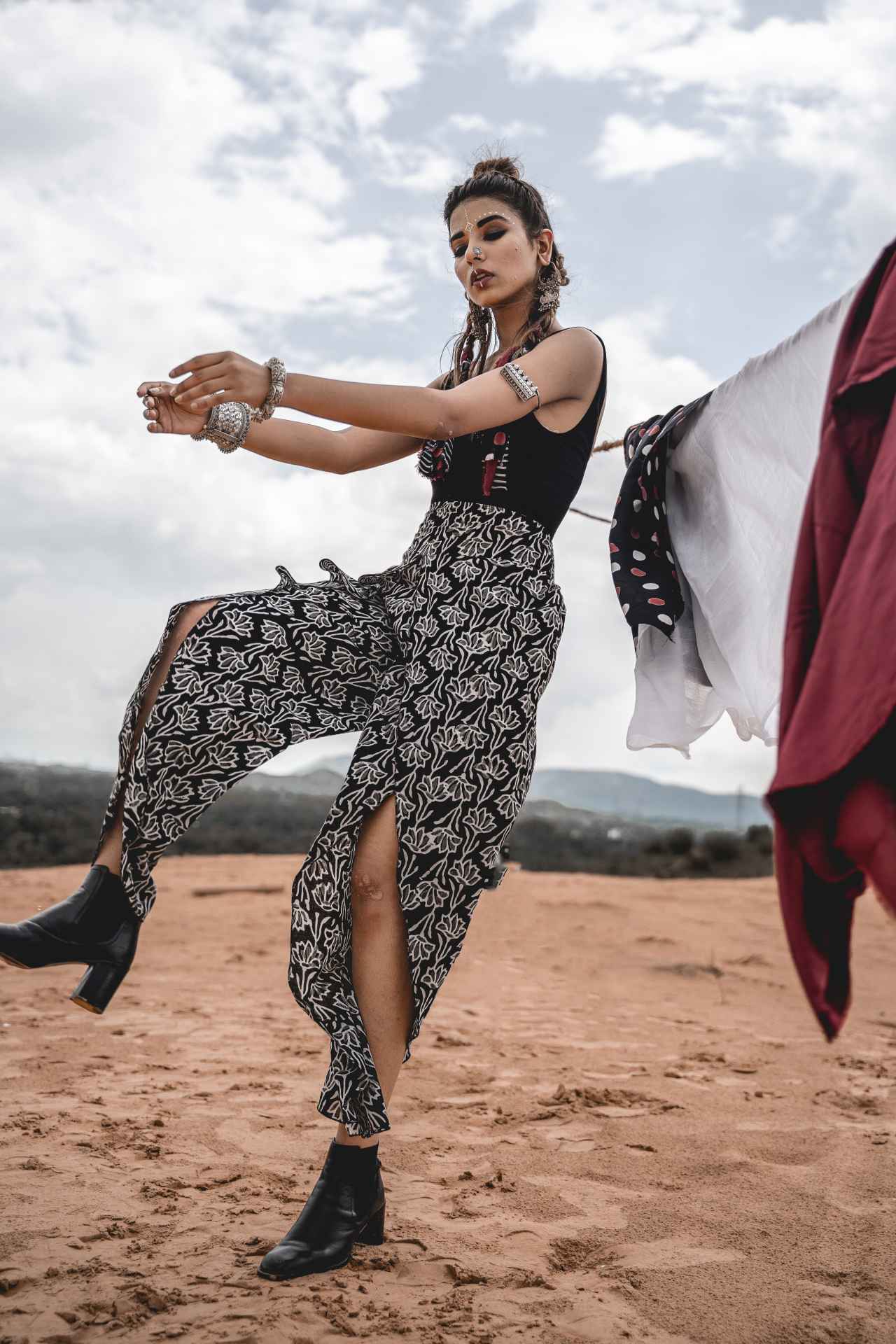 Cotton Block Print Front Slit Pants by Keva with Black, Block Prints, Cotton, Natural, Pants, Relaxed Fit, Resort Wear, Wild Child, Womenswear at Kamakhyaa for sustainable fashion