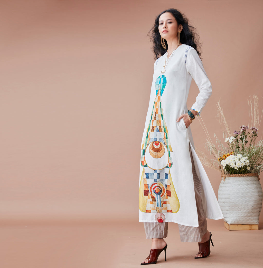 White Cotton Kurta by Dan Ba with Cotton, For Mother, Indian Wear, July Sale, July Sale 2023, Kurtas, Natural, Prints, Relaxed Fit, Resort Wear, White, Womenswear at Kamakhyaa for sustainable fashion