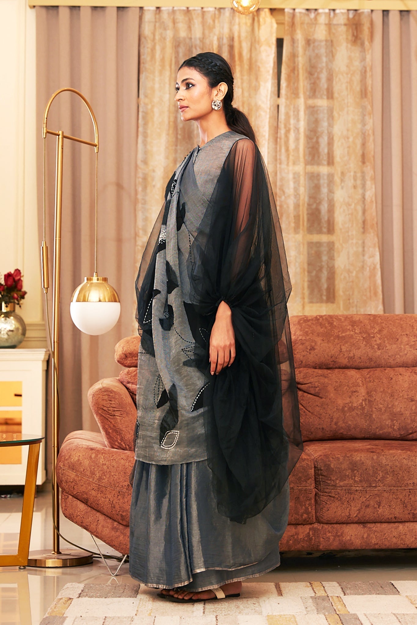 Silver And Black Chanderi Silk Saree Set by Chambray & Co. with Black, Chambray & Co, Chanderi Silk, Embroidered, Indian Wear, Natural, Party Wear, Regular Fit, Sarees, Silver, Taabir, Womenswear at Kamakhyaa for sustainable fashion