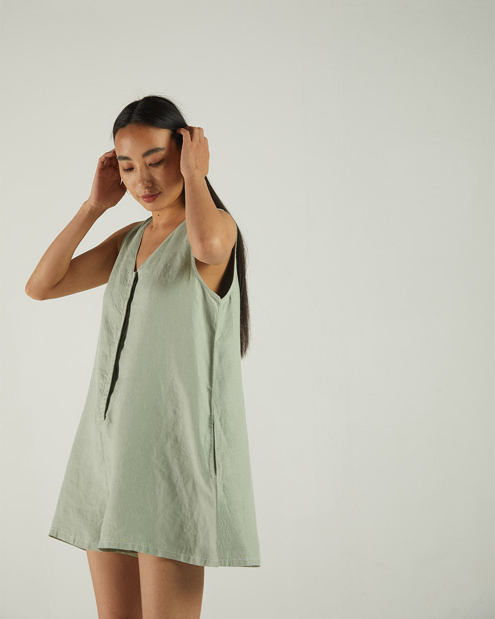 Green Sleeveless Olive Jumpsuit by Reistor with Bemberg, Best Selling, Casual Wear, Earth by Reistor, Grey, Hemp, Jumpsuits, Natural, Regular Fit, rompers, Solids, Womenswear at Kamakhyaa for sustainable fashion