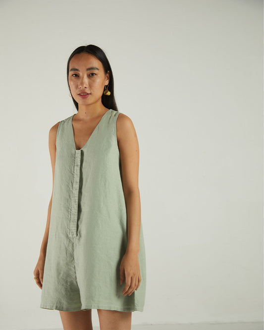 Green Sleeveless Olive Jumpsuit by Reistor with Bemberg, Best Selling, Casual Wear, Earth by Reistor, Grey, Hemp, Jumpsuits, Natural, Regular Fit, rompers, Solids, Womenswear at Kamakhyaa for sustainable fashion