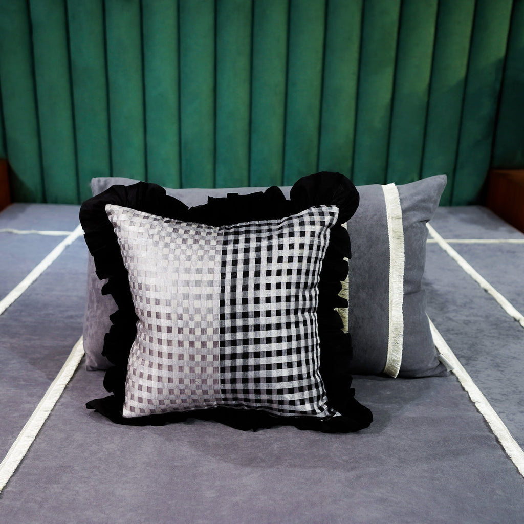 Ethereal Lace Cushion Cover by Aetherea with Black, Cotton, Cushion covers, Frills, Sheer, Upcycled, White at Kamakhyaa for sustainable fashion