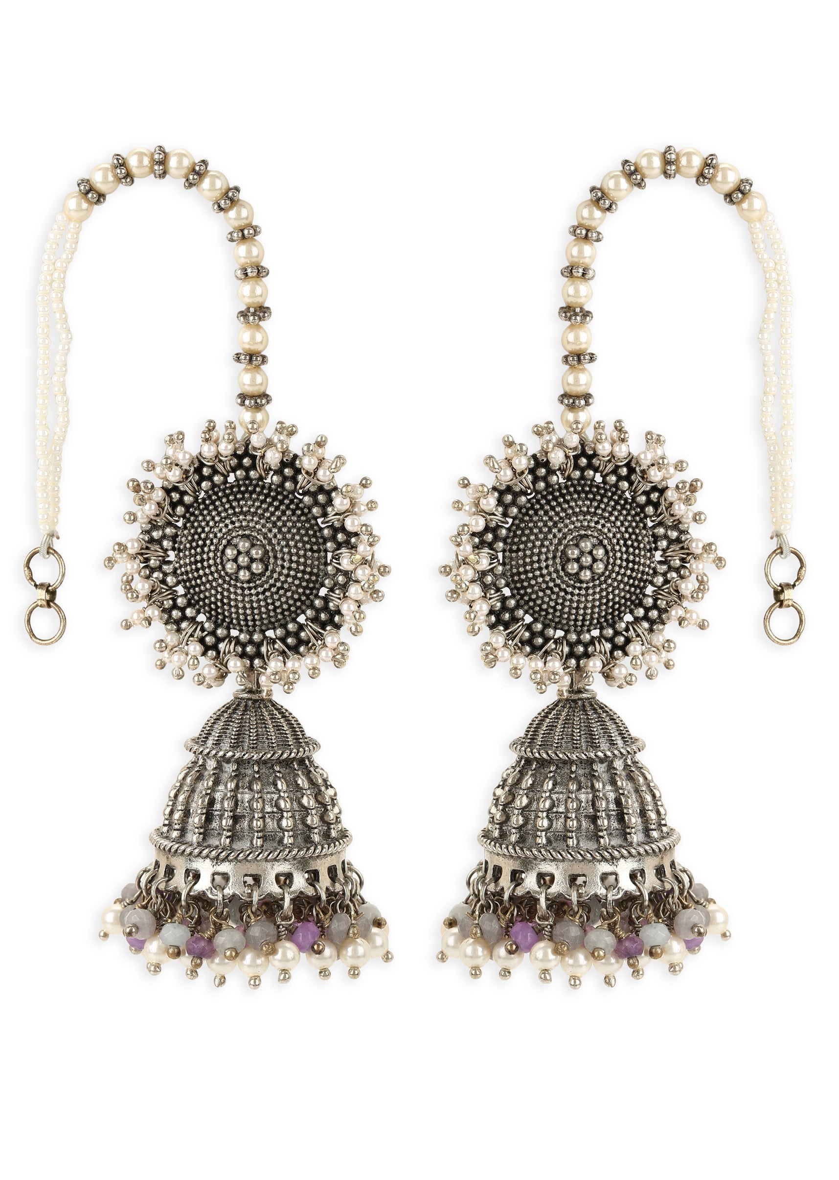 Amalka Pearl-Jade Jhumkas Earrings Free Size, Handcrafted, Jhumkas, Mix metal, Natural, Silver House Of Heer Kamakhyaa