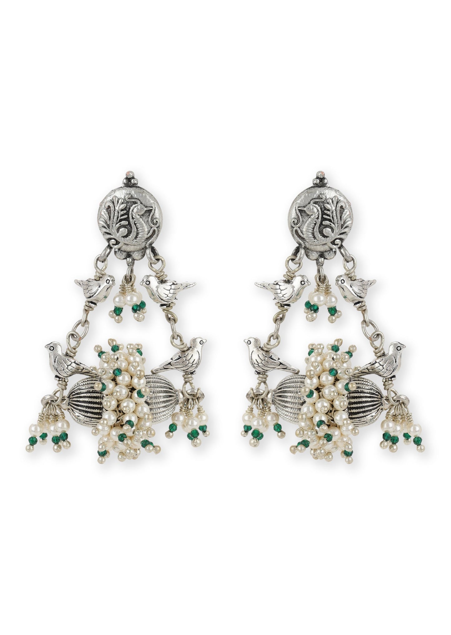 Bird Feeder Earrings by House Of Heer with Festive Jewellery, Festive Wear, Free Size, Handcrafted, jewelry, Jhumkas, July Sale, July Sale 2023, Long Earrings, Mix metal, Multicolor, Natural, Pearl, Silver, Solids, Textured at Kamakhyaa for sustainable fashion