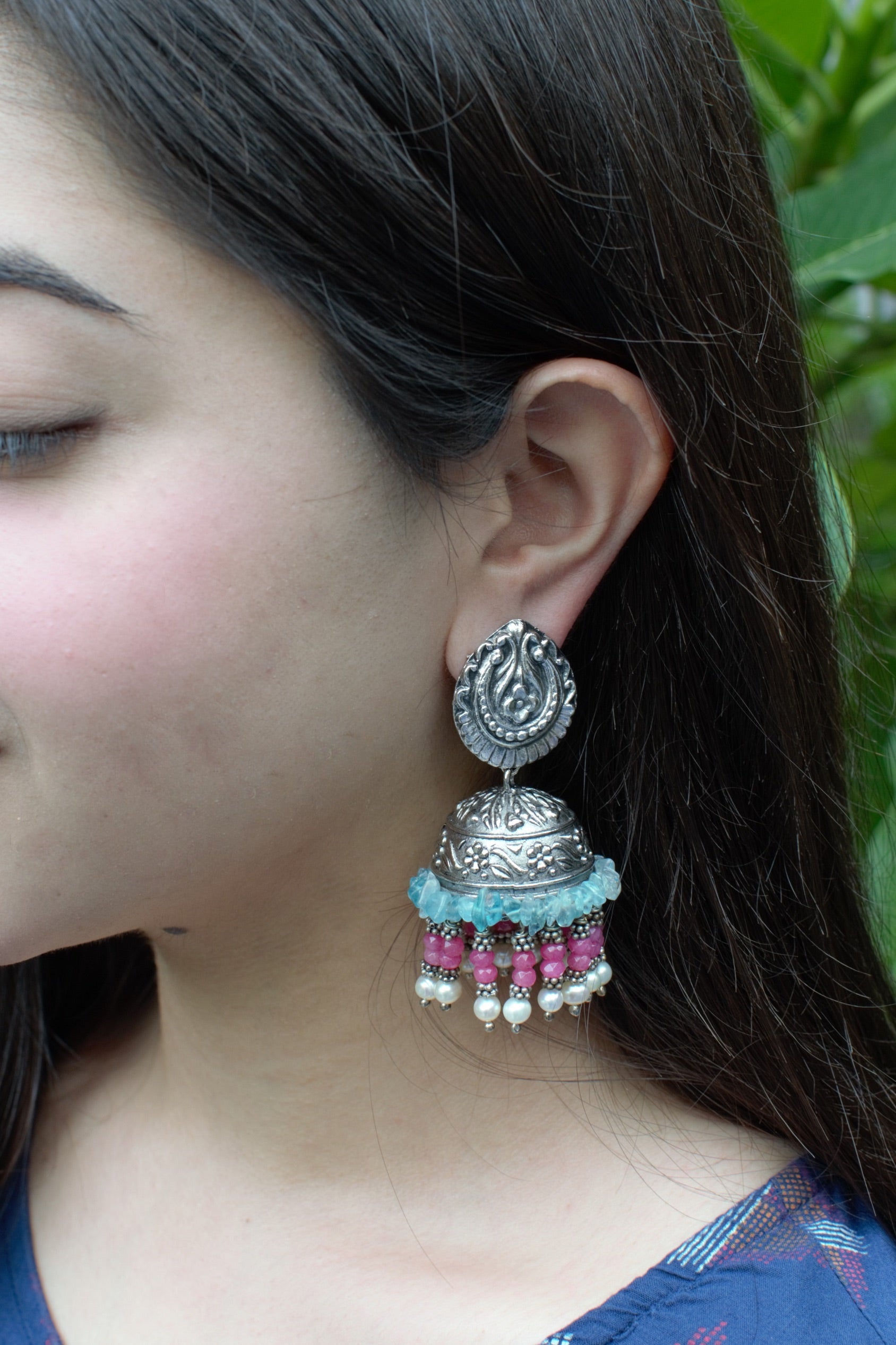 Gulaab Ladi Jhumkis by House Of Heer with Festive Jewellery, Festive Wear, Free Size, Gemstone, Handcrafted, jewelry, Jhumkas, July Sale, July Sale 2023, Mix metal, Multicolor, Natural, Pearl, Silver, Solids, Textured at Kamakhyaa for sustainable fashion