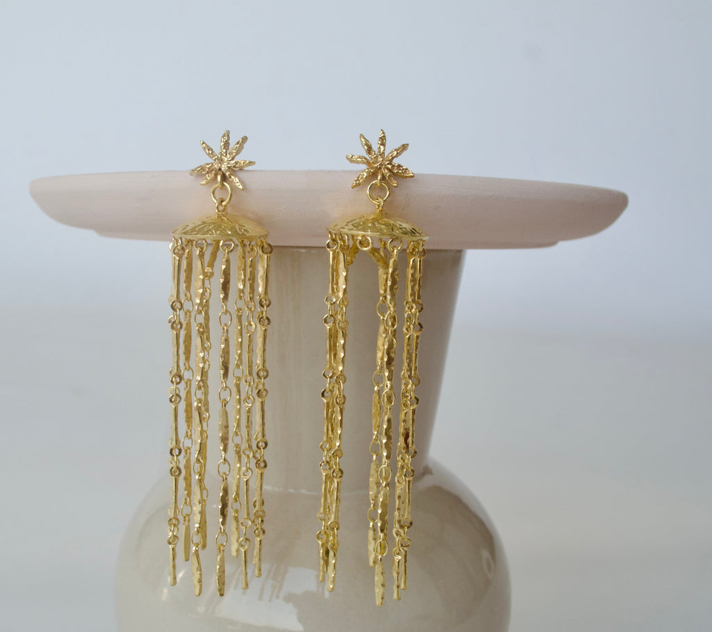 Gold Brass Starfall Earrings by The Loom Art with Brass, Cosmic Dream by The Loom Art, Fashion Jewellery, Free Size, Gold, Gold Plated, jewelry, Long Earrings, Natural at Kamakhyaa for sustainable fashion