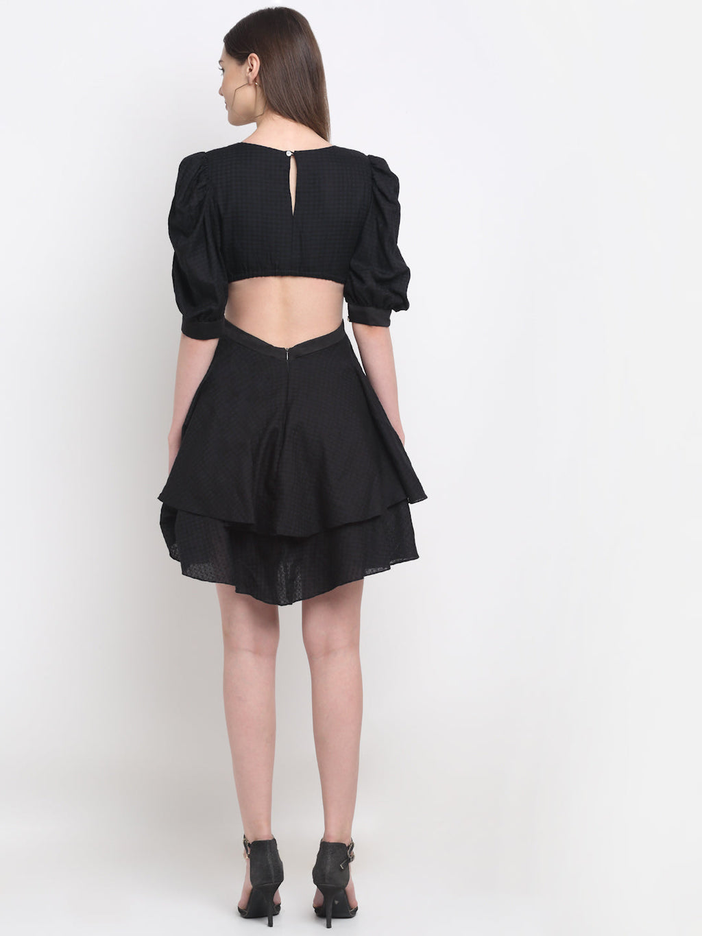 Certified Tencel Black Mini Dress by Ewoke with Black, Festive 23, Mini Dresses, Natural with azo free dyes, Party Wear, Prints, Slim Fit, Tencel, Textured, Womenswear at Kamakhyaa for sustainable fashion