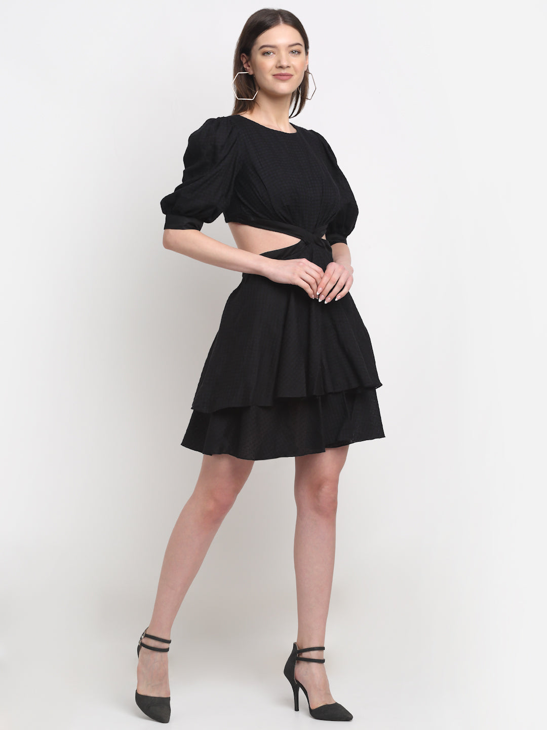 Certified Tencel Black Mini Dress by Ewoke with Black, Festive 23, Mini Dresses, Natural with azo free dyes, Party Wear, Prints, Slim Fit, Tencel, Textured, Womenswear at Kamakhyaa for sustainable fashion