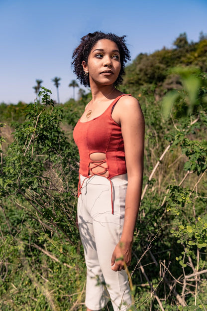 Rustic Orange Cotton Top by Meko Studio with Cotton, Deadstock Fabrics, Fall, Fusion Wear, July Sale, July Sale 2023, Orange, Sleeveless Tops, Slim Fit, Solids, Spaghettis, Tops, Verao by Meko Studio, Verao SS-22/23, Womenswear at Kamakhyaa for sustainable fashion