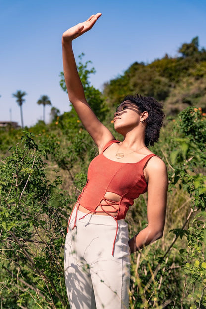 Rustic Orange Cotton Top by Meko Studio with Cotton, Deadstock Fabrics, Fall, Fusion Wear, July Sale, July Sale 2023, Orange, Sleeveless Tops, Slim Fit, Solids, Spaghettis, Tops, Verao by Meko Studio, Verao SS-22/23, Womenswear at Kamakhyaa for sustainable fashion