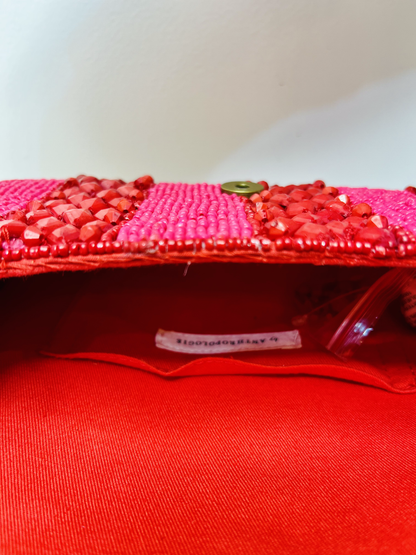 Red Beaded Sling Bag by Discarded Fresh Bags with Beads, Casual Wear, Cotton, Made from Natural Materials, Mirror Work, Multicolor, Pink, Red, Sling Bags, White, Women Led Designer at Kamakhyaa for sustainable fashion