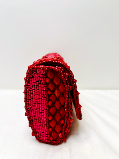 Red Beaded Sling Bag by Discarded Fresh Bags with Beads, Casual Wear, Cotton, Made from Natural Materials, Mirror Work, Multicolor, Pink, Red, Sling Bags, White, Women Led Designer at Kamakhyaa for sustainable fashion