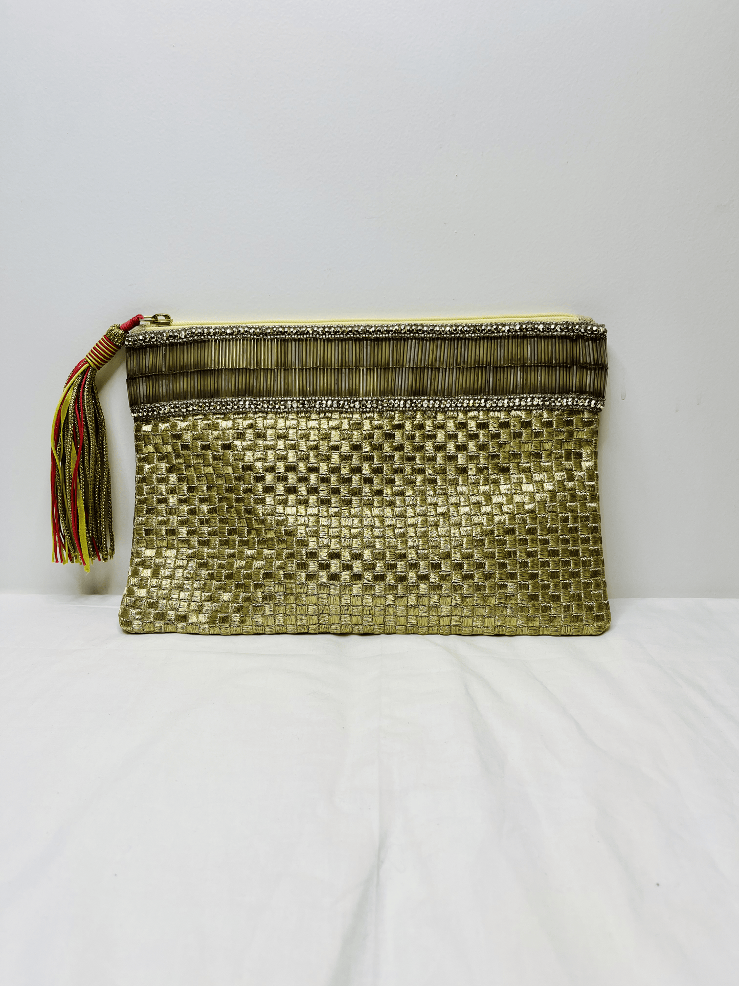 Golden Pouch by Discarded Fresh Bags with Beads, Casual Wear, Cotton, Gold, Golden, Made from Natural Materials, Mirror Work, Multicolor, Pouches, Sequins, Women Led Designer at Kamakhyaa for sustainable fashion