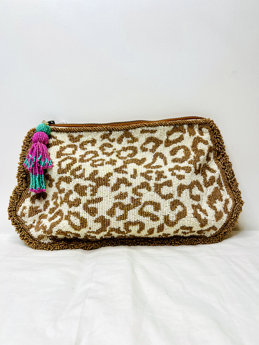 Animal Print Pouch by Discarded Fresh Bags with Beads, Casual Wear, Cotton, Made from Natural Materials, Mirror Work, Multicolor, Pouches, White, Women Led Designer at Kamakhyaa for sustainable fashion