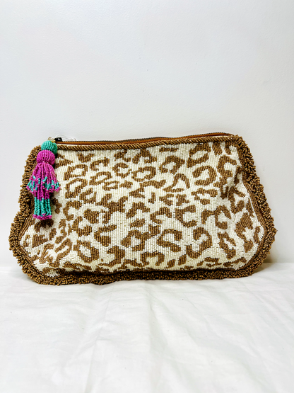 Animal Print Pouch by Discarded Fresh Bags with Beads, Casual Wear, Cotton, Made from Natural Materials, Mirror Work, Multicolor, Pouches, White, Women Led Designer at Kamakhyaa for sustainable fashion