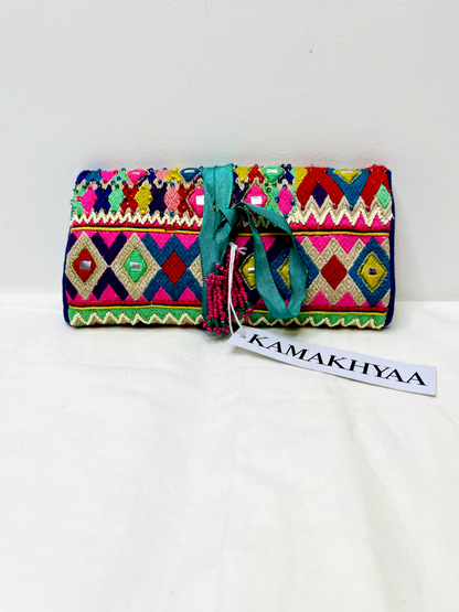 Pink Multicolor Makeup Bag by Discarded Fresh Bags with Beads, Casual Wear, Made from Natural Materials, Mirror Work, Multicolor, Pouches, Upcycled Cotton, White, Women Led Designer at Kamakhyaa for sustainable fashion