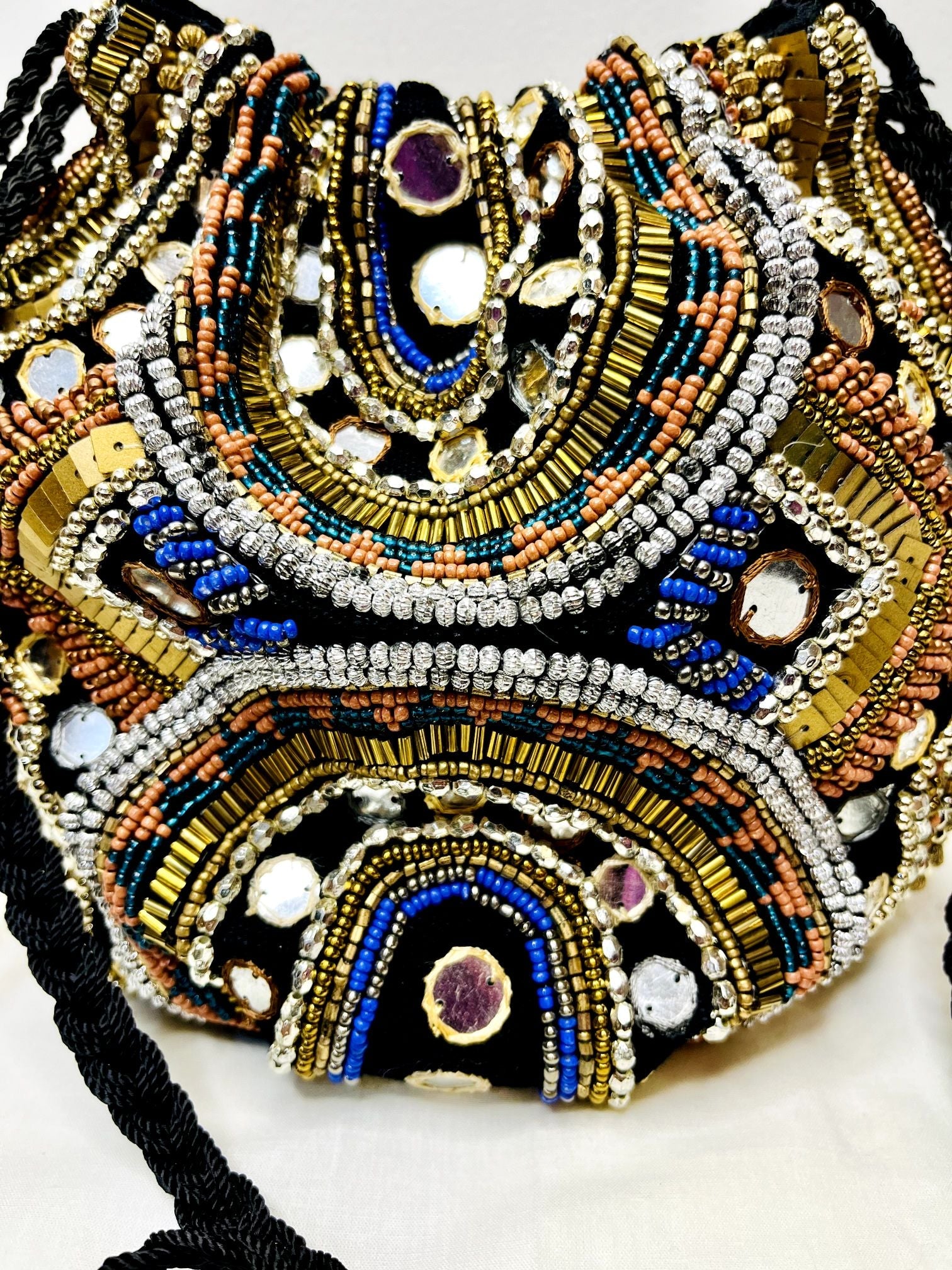 Black Multicolor Beaded Mirror Potli Bag by Discarded Fresh Bags with Beads, Casual Wear, For Mother, Made from Natural Materials, Mirror Work, Multicolor, Potli Bags, Upcycled Cotton, Women Led Designer at Kamakhyaa for sustainable fashion