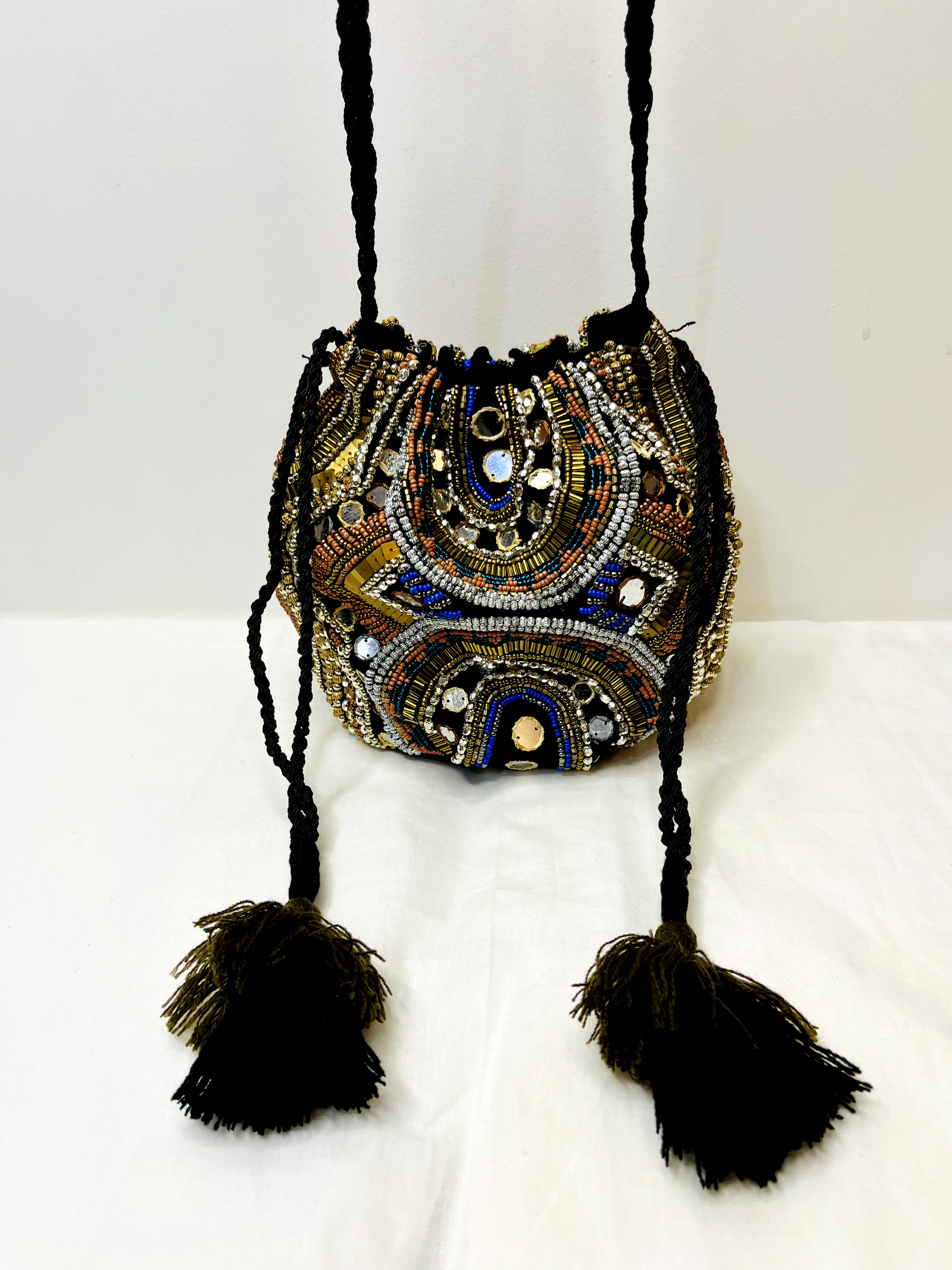 Black Multicolor Beaded Mirror Potli Bag by Discarded Fresh Bags with Beads, Casual Wear, For Mother, Made from Natural Materials, Mirror Work, Multicolor, Potli Bags, Upcycled Cotton, Women Led Designer at Kamakhyaa for sustainable fashion