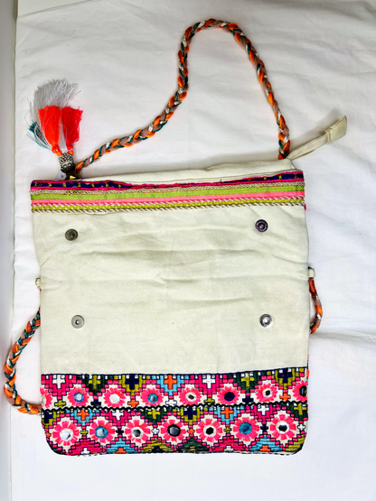 White Multicolor Mirror Tassel Sling Bag by Discarded Fresh Bags with Beads, Casual Wear, Cotton, Made from Natural Materials, Mirror Work, Multicolor, Sling Bags, White, Women Led Designer at Kamakhyaa for sustainable fashion