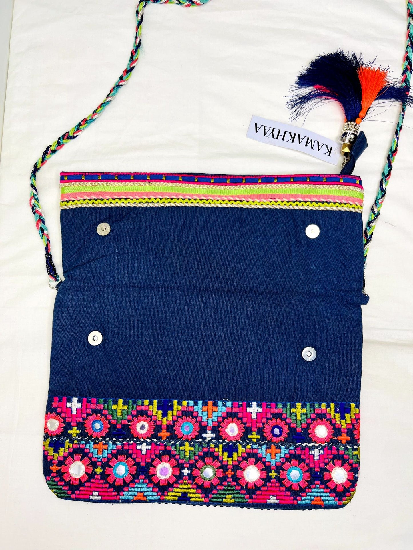 Multicolor Mirror Tassel Sling Bag by Discarded Fresh Bags with Beads, Casual Wear, Cotton, Made from Natural Materials, Mirror Work, Multicolor, Sling Bags, White, Women Led Designer at Kamakhyaa for sustainable fashion