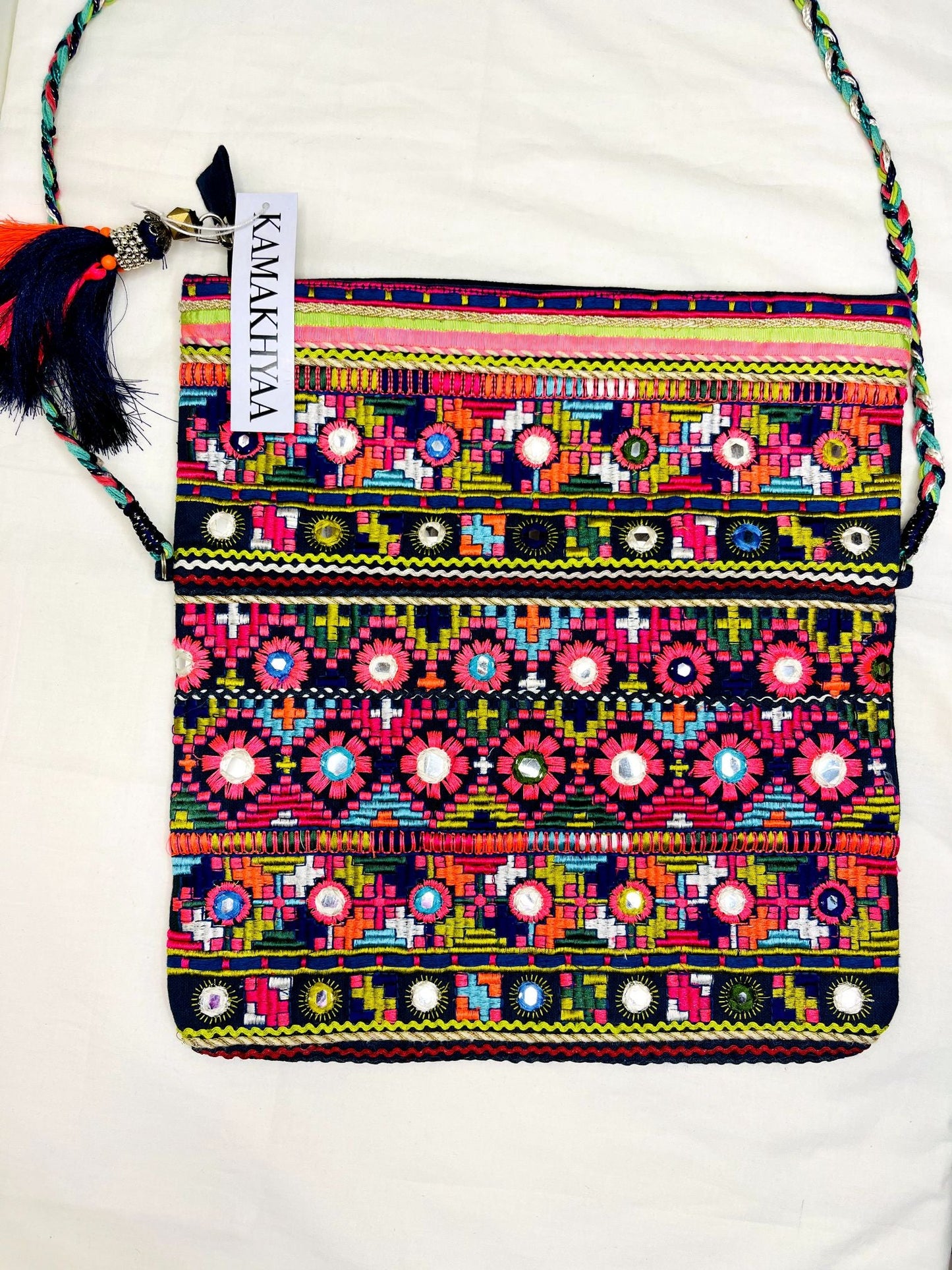 Multicolor Mirror Tassel Sling Bag by Discarded Fresh Bags with Beads, Casual Wear, Cotton, Made from Natural Materials, Mirror Work, Multicolor, Sling Bags, White, Women Led Designer at Kamakhyaa for sustainable fashion