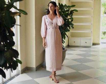 Pink Maxi Dress by Taro with Dusk To Dawn by Taro, Embroidered, Evening Wear, July Sale, July Sale 2023, Maxi Dresses, Modal Satin, Natural, Regular Fit, Silk, White, Womenswear at Kamakhyaa for sustainable fashion