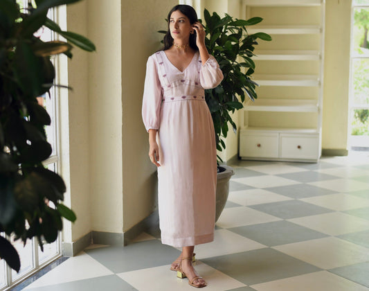 Pink Maxi Dress by Taro with Dusk To Dawn by Taro, Embroidered, Evening Wear, July Sale, July Sale 2023, Maxi Dresses, Modal Satin, Natural, Regular Fit, Silk, White, Womenswear at Kamakhyaa for sustainable fashion