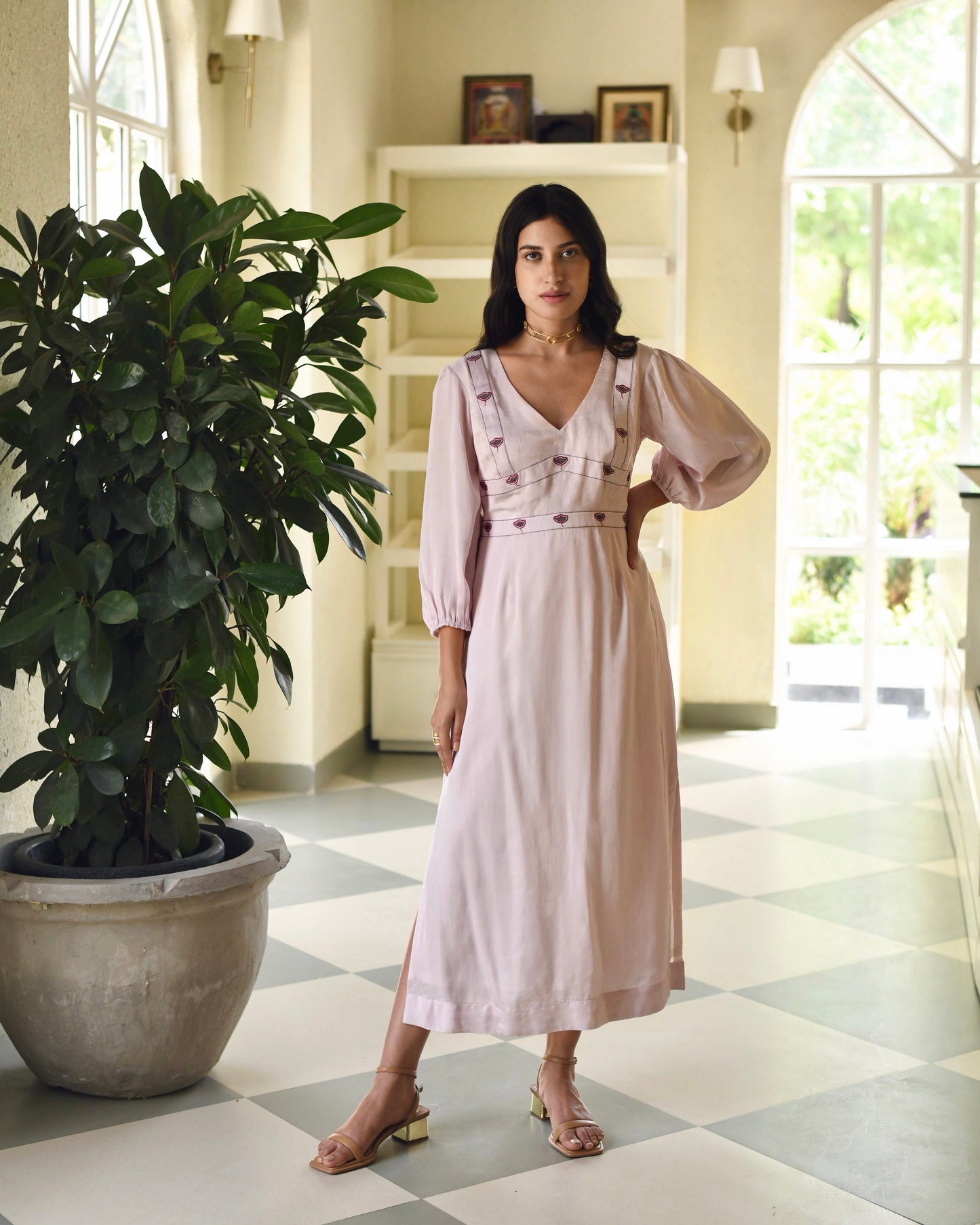 Pink Maxi Dress by Taro with Dusk To Dawn by Taro, Embroidered, Evening Wear, July Sale, July Sale 2023, Maxi Dresses, Modal Satin, Natural, Regular Fit, Silk, White, Womenswear at Kamakhyaa for sustainable fashion