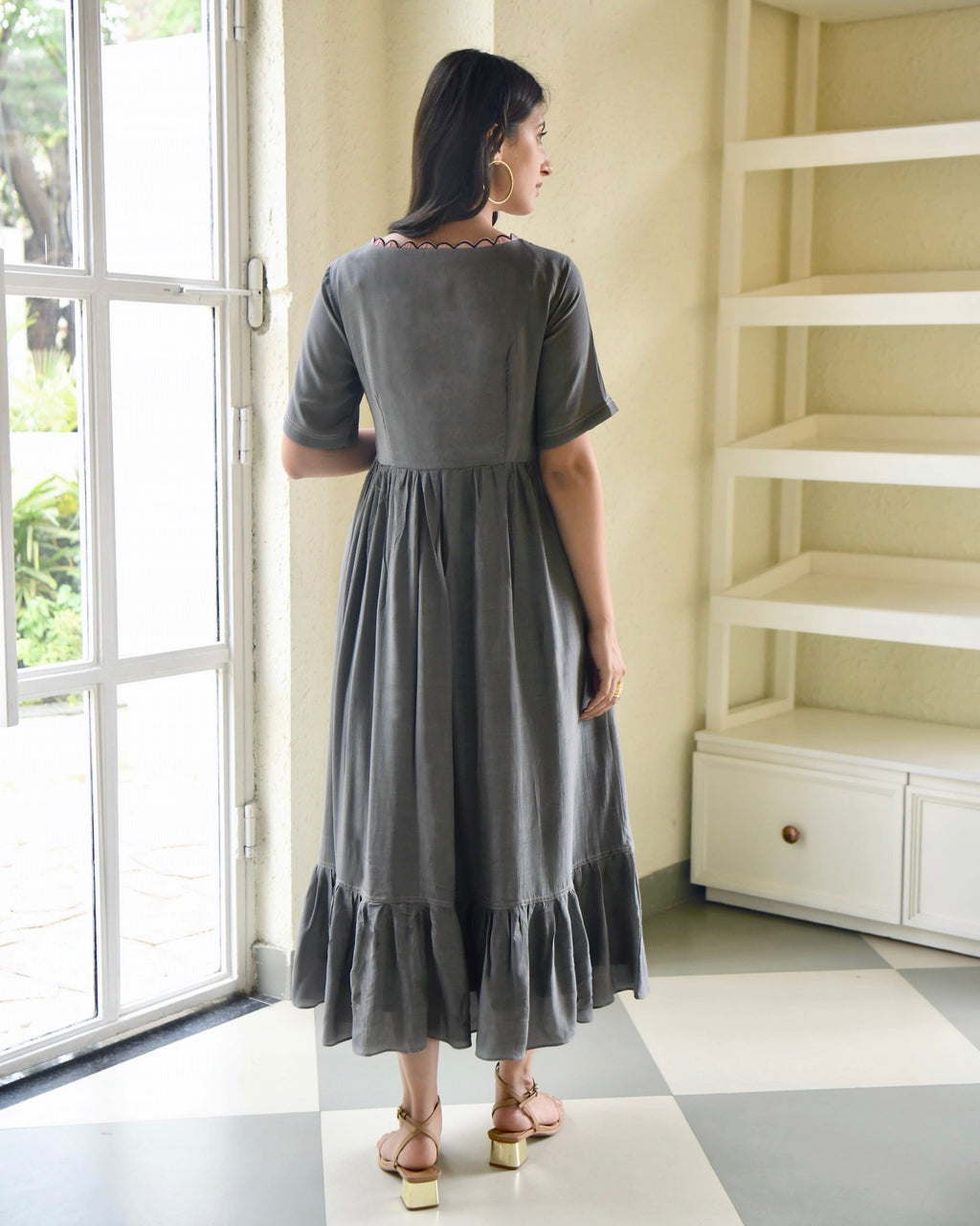 Grey Midi Dress by Taro with Bangalore Silk, Dusk To Dawn by Taro, Embroidered, Evening Wear, Grey, July Sale, July Sale 2023, Midi Dresses, Natural, Regular Fit, Silk, Tiered Dresses, Womenswear at Kamakhyaa for sustainable fashion