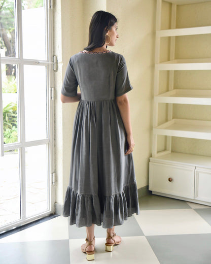 Grey Midi Dress by Taro with Bangalore Silk, Dusk To Dawn by Taro, Embroidered, Evening Wear, Grey, July Sale, July Sale 2023, Midi Dresses, Natural, Regular Fit, Silk, Tiered Dresses, Womenswear at Kamakhyaa for sustainable fashion