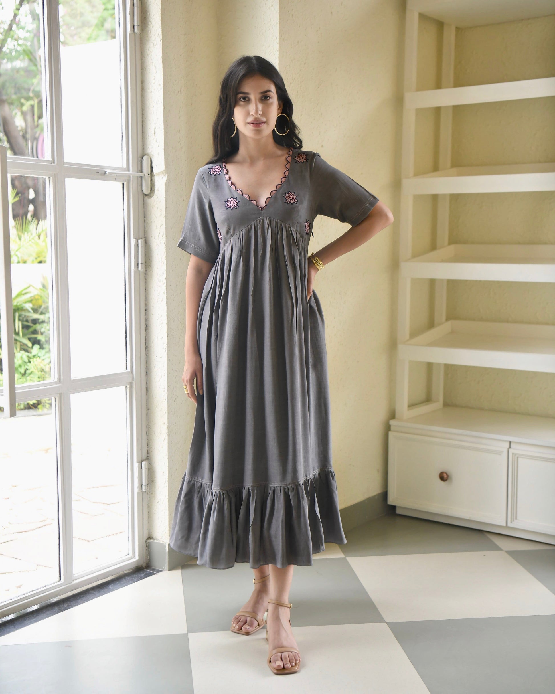 Grey Midi Dress by Taro with Bangalore Silk, Dusk To Dawn by Taro, Embroidered, Evening Wear, Grey, July Sale, July Sale 2023, Midi Dresses, Natural, Regular Fit, Silk, Tiered Dresses, Womenswear at Kamakhyaa for sustainable fashion