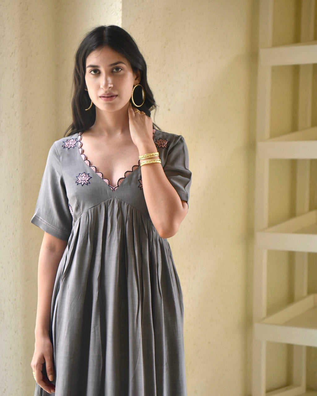 Grey Midi Dress by Taro with Bangalore Silk, Dusk To Dawn by Taro, Embroidered, Evening Wear, Grey, July Sale, July Sale 2023, Midi Dresses, Natural, Regular Fit, Silk, Tiered Dresses, Womenswear at Kamakhyaa for sustainable fashion