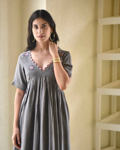 Grey Midi Dress by Taro with Bangalore Silk, Dusk To Dawn by Taro, Embroidered, Evening Wear, Grey, July Sale, July Sale 2023, Midi Dresses, Natural, Regular Fit, Silk, Tiered Dresses, Womenswear at Kamakhyaa for sustainable fashion