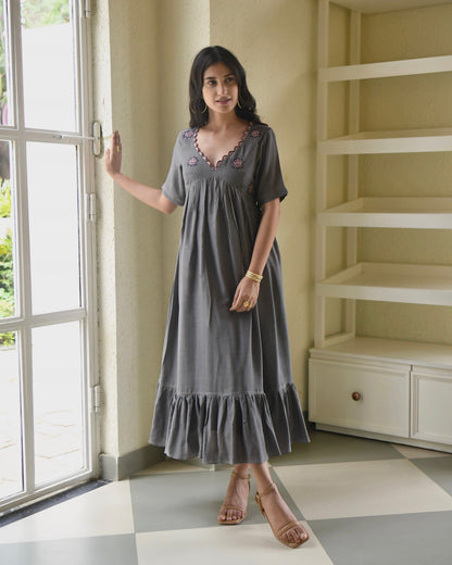 Grey Midi Dress by Taro with Bangalore Silk, Dusk To Dawn by Taro, Embroidered, Evening Wear, Grey, July Sale, July Sale 2023, Midi Dresses, Natural, Regular Fit, Silk, Tiered Dresses, Womenswear at Kamakhyaa for sustainable fashion