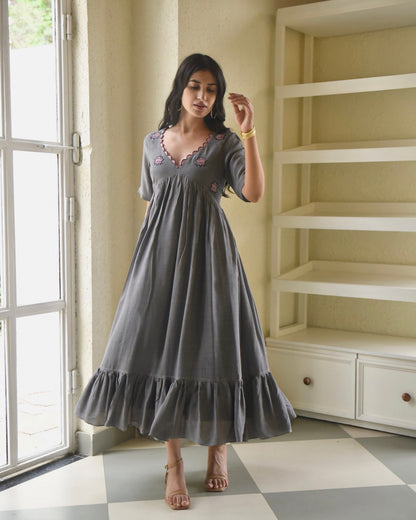 Grey Midi Dress by Taro with Bangalore Silk, Dusk To Dawn by Taro, Embroidered, Evening Wear, Grey, July Sale, July Sale 2023, Midi Dresses, Natural, Regular Fit, Silk, Tiered Dresses, Womenswear at Kamakhyaa for sustainable fashion