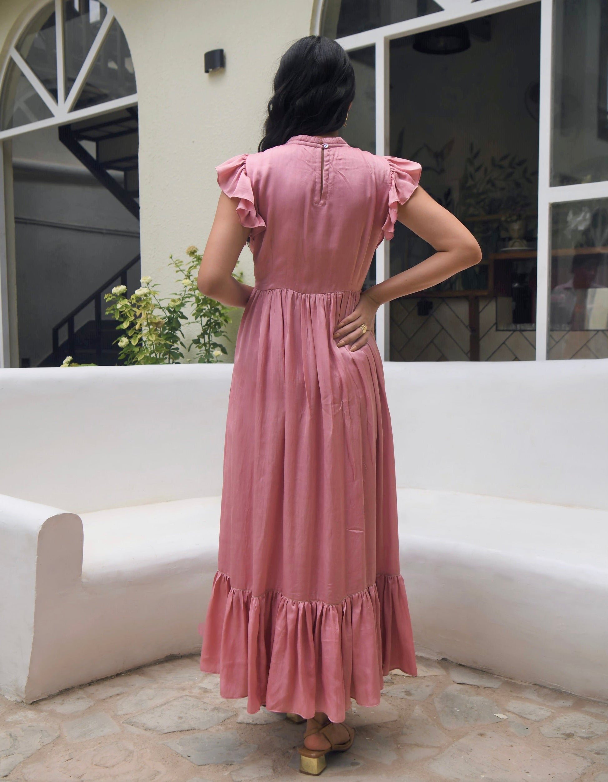 Pink Maxi Dress by Taro with Dusk To Dawn by Taro, Embroidered, Evening Wear, July Sale, July Sale 2023, Maxi Dresses, Modal Satin, Natural, Pink, Regular Fit, Ruffle Dresses, Silk, Sleeveless Dresses, Womenswear at Kamakhyaa for sustainable fashion