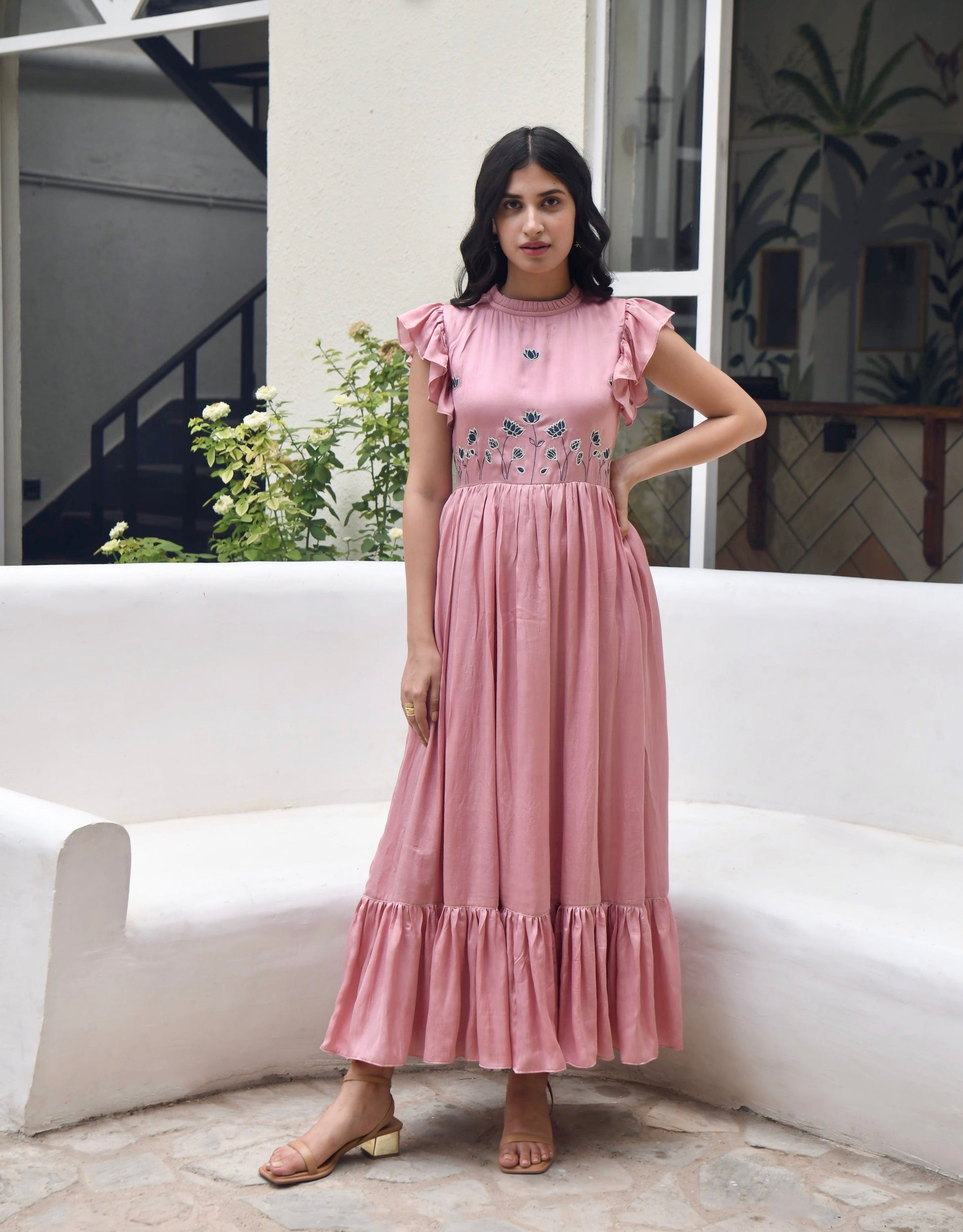 Pink Maxi Dress by Taro with Dusk To Dawn by Taro, Embroidered, Evening Wear, July Sale, July Sale 2023, Maxi Dresses, Modal Satin, Natural, Pink, Regular Fit, Ruffle Dresses, Silk, Sleeveless Dresses, Womenswear at Kamakhyaa for sustainable fashion