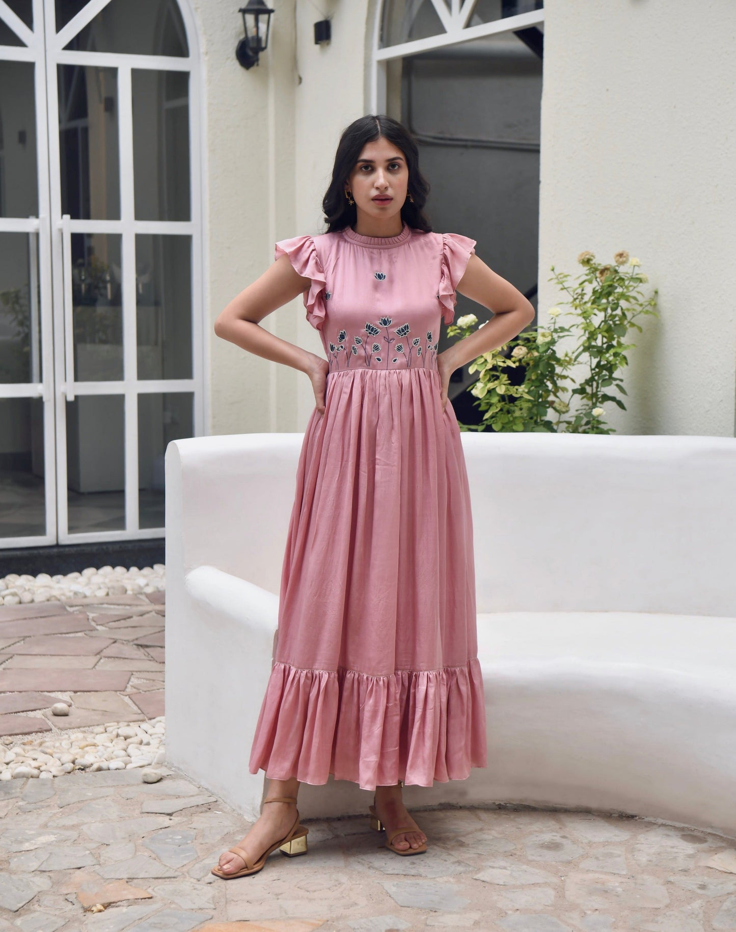 Pink Maxi Dress by Taro with Dusk To Dawn by Taro, Embroidered, Evening Wear, July Sale, July Sale 2023, Maxi Dresses, Modal Satin, Natural, Pink, Regular Fit, Ruffle Dresses, Silk, Sleeveless Dresses, Womenswear at Kamakhyaa for sustainable fashion