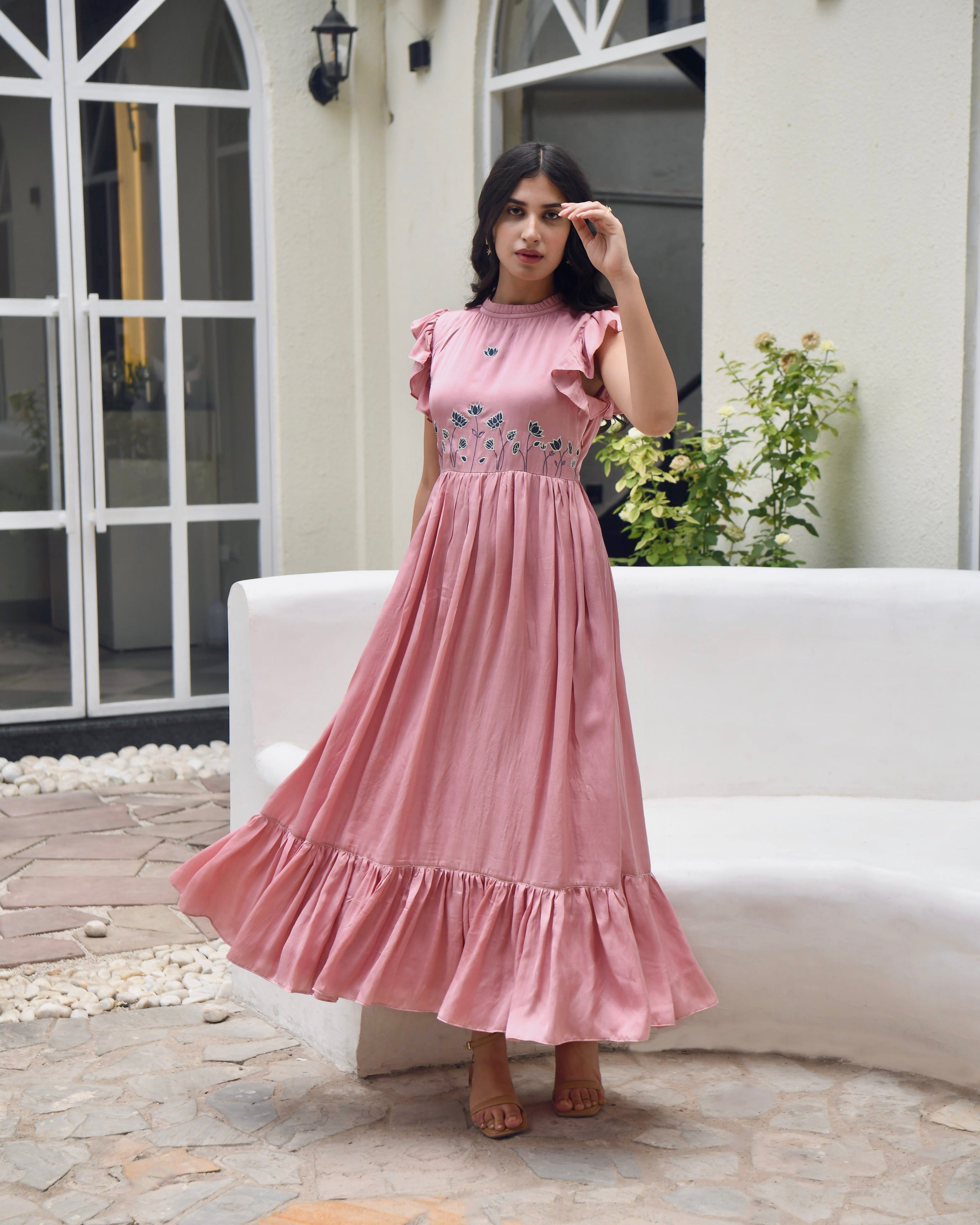 Pink Maxi Dress by Taro with Dusk To Dawn by Taro, Embroidered, Evening Wear, July Sale, July Sale 2023, Maxi Dresses, Modal Satin, Natural, Pink, Regular Fit, Ruffle Dresses, Silk, Sleeveless Dresses, Womenswear at Kamakhyaa for sustainable fashion