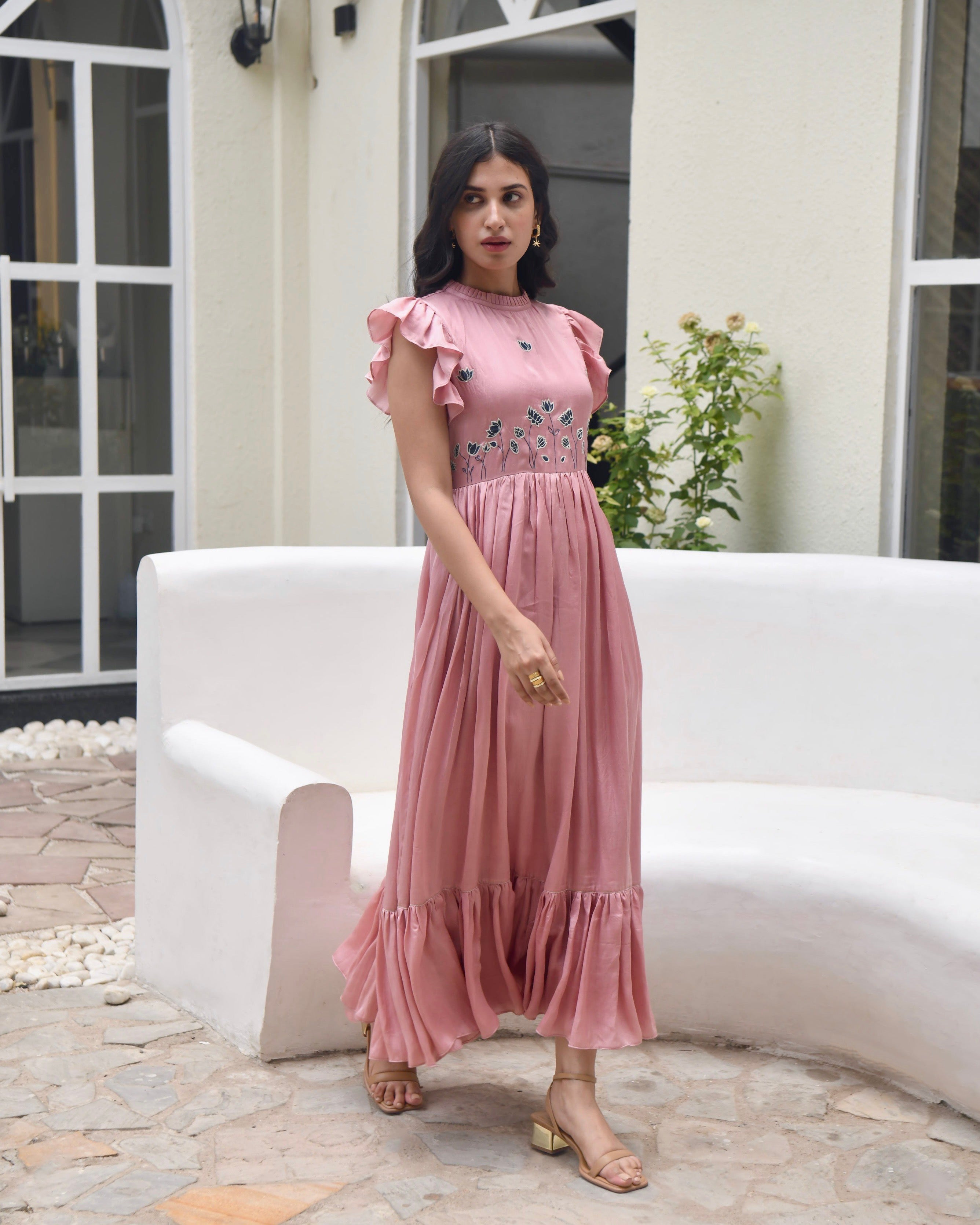 Pink Maxi Dress by Taro with Dusk To Dawn by Taro, Embroidered, Evening Wear, July Sale, July Sale 2023, Maxi Dresses, Modal Satin, Natural, Pink, Regular Fit, Ruffle Dresses, Silk, Sleeveless Dresses, Womenswear at Kamakhyaa for sustainable fashion