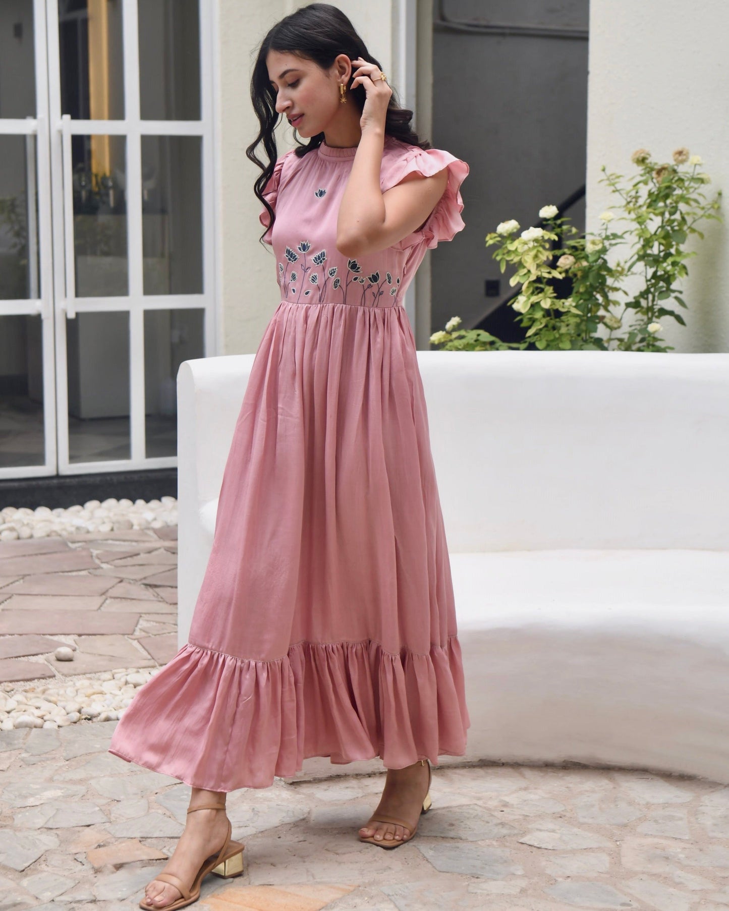 Pink Maxi Dress by Taro with Dusk To Dawn by Taro, Embroidered, Evening Wear, July Sale, July Sale 2023, Maxi Dresses, Modal Satin, Natural, Pink, Regular Fit, Ruffle Dresses, Silk, Sleeveless Dresses, Womenswear at Kamakhyaa for sustainable fashion