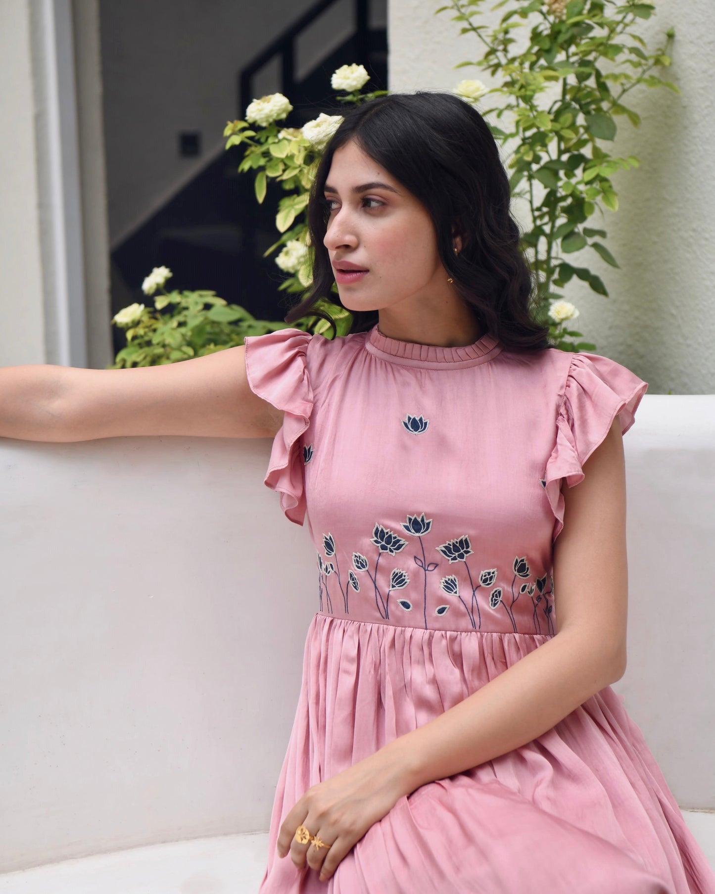 Pink Maxi Dress by Taro with Dusk To Dawn by Taro, Embroidered, Evening Wear, July Sale, July Sale 2023, Maxi Dresses, Modal Satin, Natural, Pink, Regular Fit, Ruffle Dresses, Silk, Sleeveless Dresses, Womenswear at Kamakhyaa for sustainable fashion