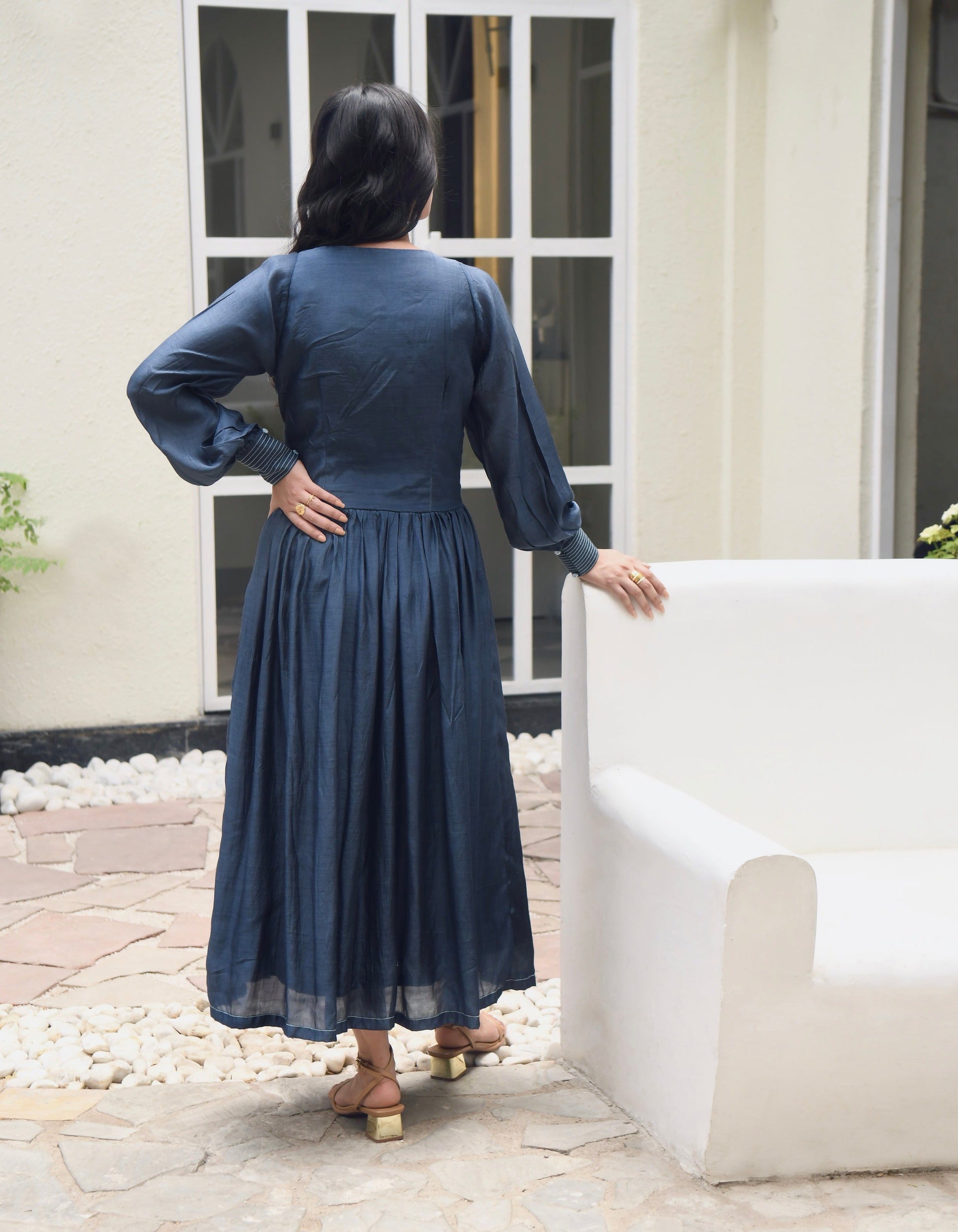 Blue Embroidered Silk Maxi Dress by Taro with Best Selling, Blue, Dusk To Dawn by Taro, Embroidered, Evening Wear, FB ADS JUNE, July Sale, July Sale 2023, Maxi Dresses, Modal silk, Natural, Regular Fit, Shirt Dresses, Silk, Womenswear at Kamakhyaa for sustainable fashion